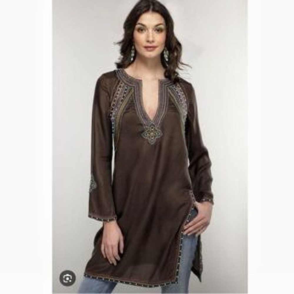 Coldwater Creek Brown Ceremonial Embellished Silk Tunic
